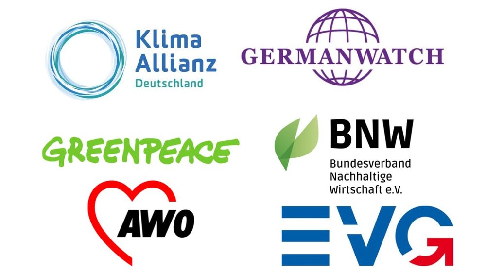 Logos der Klima-Allianz Deutschland, Germanwatch, BNW, EVG AWO, Greenpeace,  