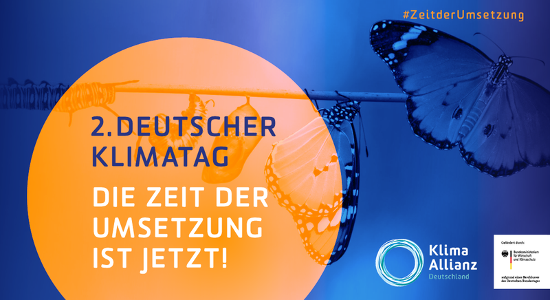2. Deutscher Klimatag – Die Zeit der Umsetzung ist jetzt! (Logo Klima-Allianz Deutschland, Förderlogo BMWK) #ZeitderUmsetzung